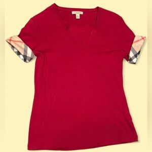 Burberry Red Tee with Checkered Sleeves